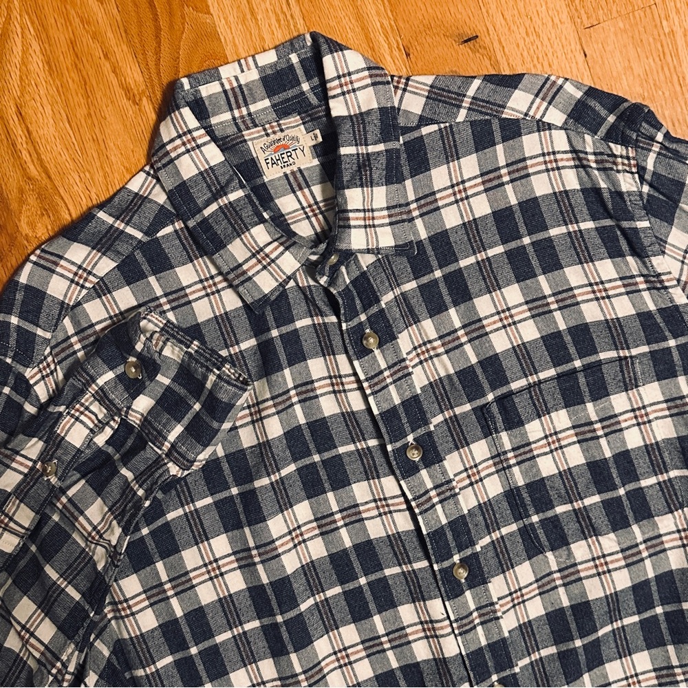Faherty Mens Featherweight Flannel Long Sleeve Shirt Blue White Plaid Large